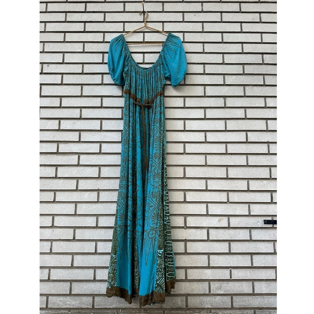 Lotus Traders Boho‎ Blue Brown Puff Sleeve Renaissance Maxi Dress OS Fairycore